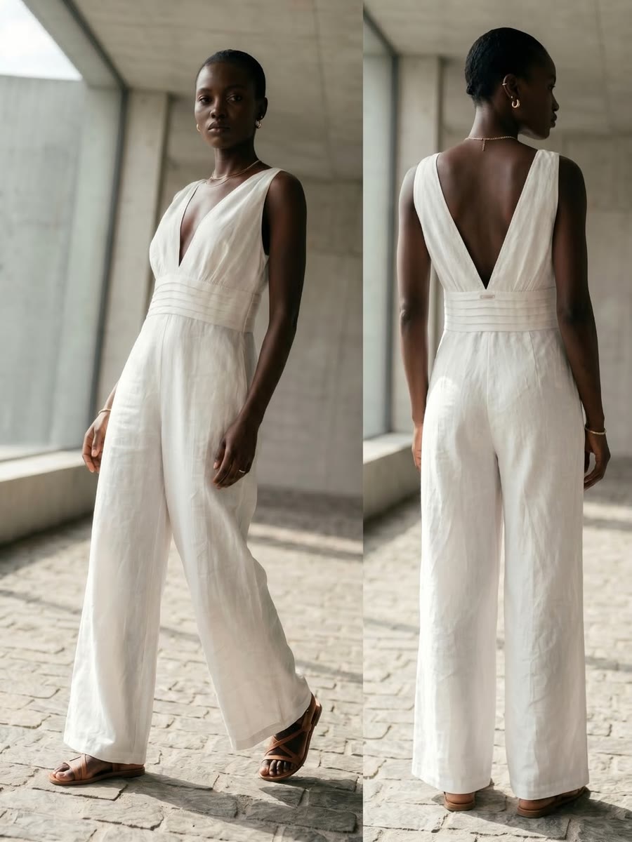 Witte jumpsuit met diepe rug, voor- en achteraanzicht