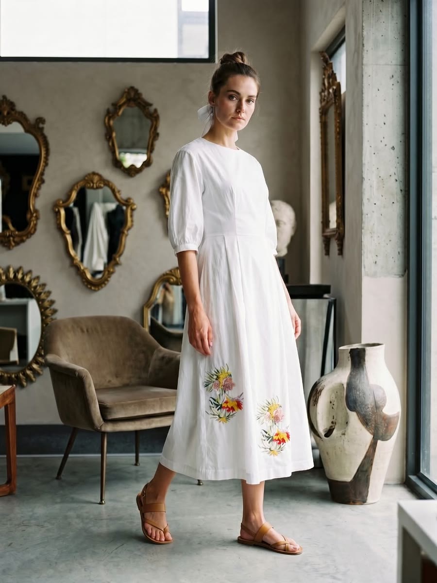 Witte jurk met geborduurde bloemen in een salon met gouden spiegels
