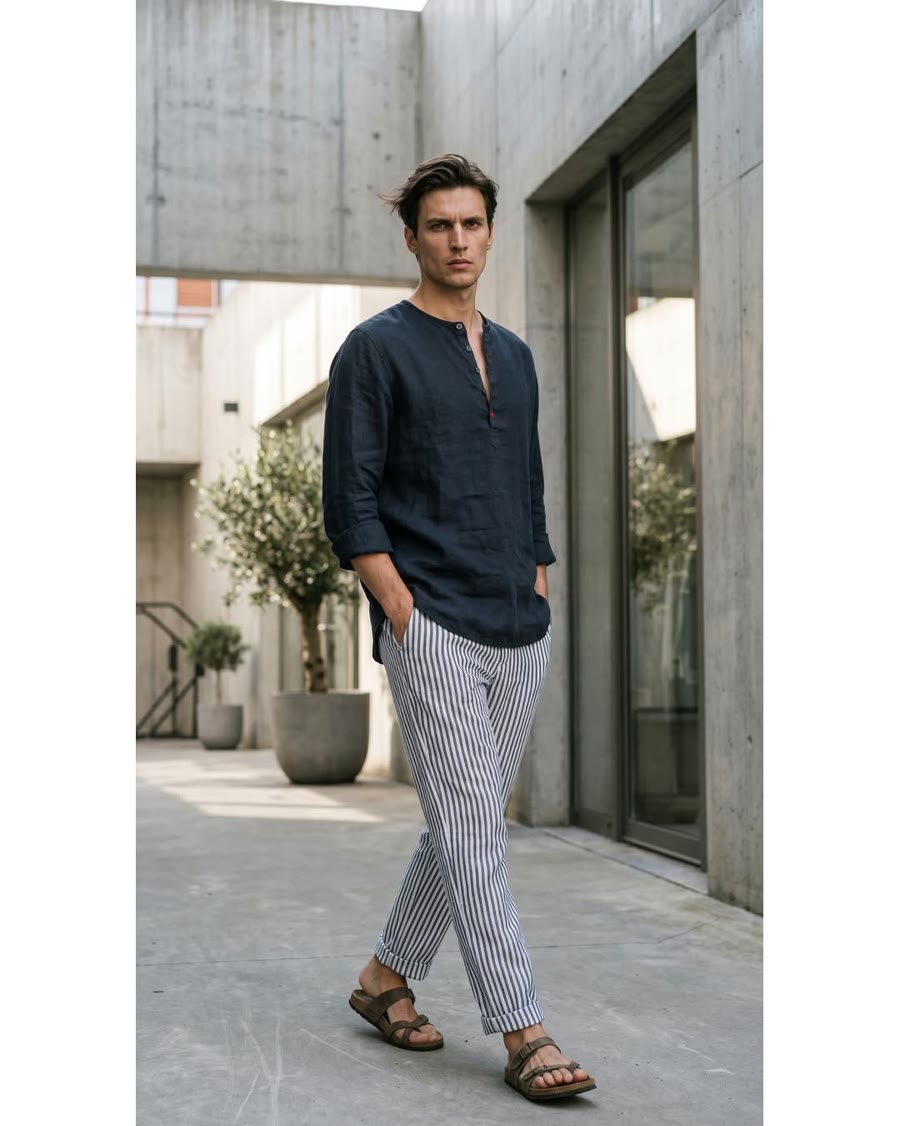 Herenhemd in donkerblauw met gestreepte linnen broek