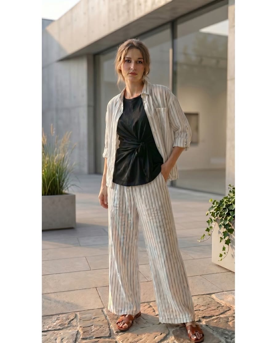 Open jasje met gestreepte broek en zwart topje
